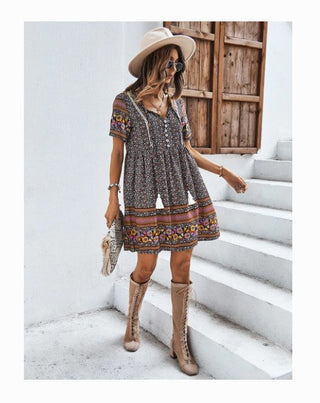 Bohemian Decorative Button Tie-Neck Mini Dress A Blissfully Beautiful Boutique