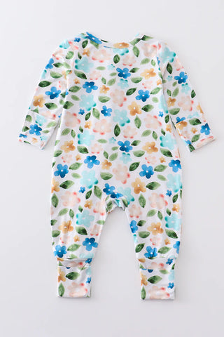 Blue floral print bamboo zipper baby romper