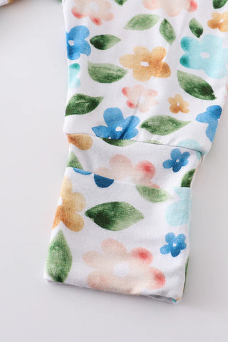 Blue floral print bamboo zipper baby romper