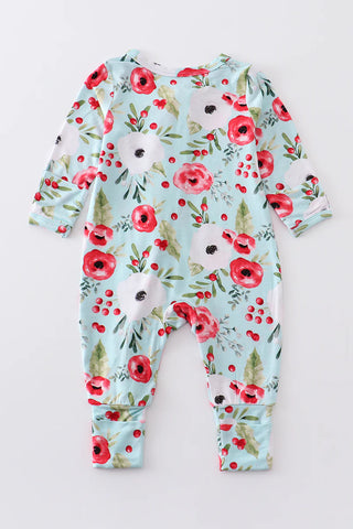 Mint floral print bamboo zipper baby romper