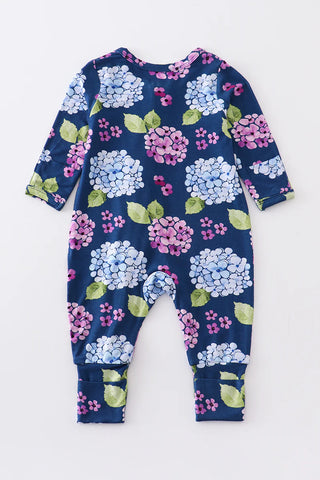 Navy floral print bamboo zipper baby romper