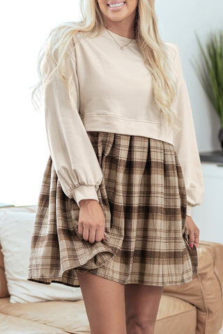 Beige Plaid Patchwork High Waist Sweatshirt Mini Dress