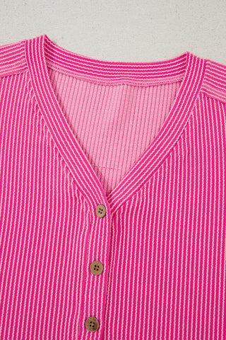 Bright Pink Spiral Ribbed Short Sleeve V Neck Buttoned Romper with Pocket