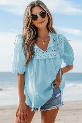 Mist Blue Embroidered Lace Patchwork Tie Neck Puff Short Sleeve Blouse