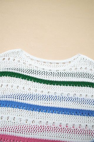 White Color Block Striped Pointelle Knit Sweater