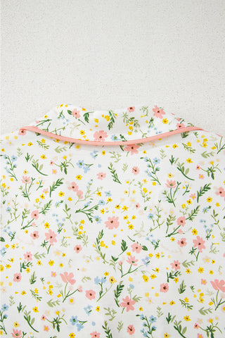White Floral Print Contrast Pipping Short Pajamas Set