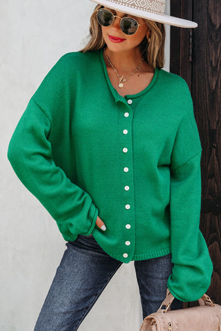 Bright Green Solid Color Knit Button Drop Shoulder Sweater Cardigan