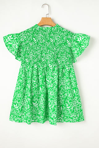 Green Floral Flutter Sleeve Shirred Notched Neck Plus Size Blouse