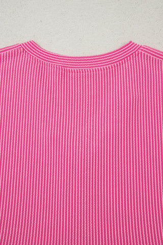 Bright Pink Spiral Ribbed Short Sleeve V Neck Buttoned Romper with Pocket