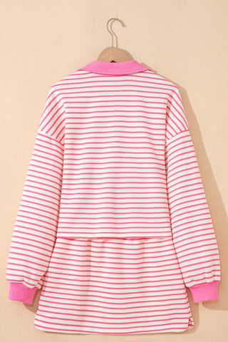 Pink Stripe Collared V Neck Drop Shoulder Pullover and Skort 2pcs Outfit