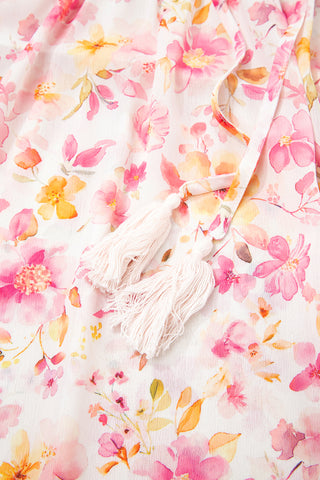Pink Floral Print Tassel Tie Smocked V Neck Puff Sleeve Tunic Blouse