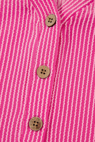 Bright Pink Spiral Ribbed Short Sleeve V Neck Buttoned Romper with Pocket