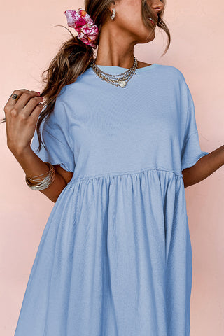 Sky Blue Solid Color Pocketed Raw Edge Babydoll Dress