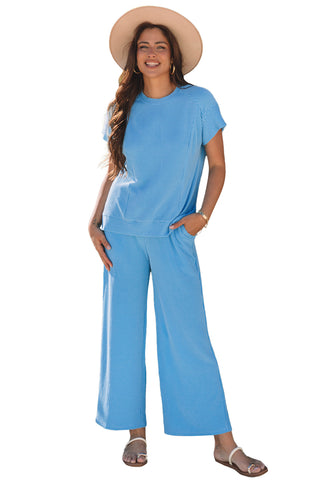 Blue Solid Corded Knit Short Sleeve T Shirt and Wide Leg Pants Set