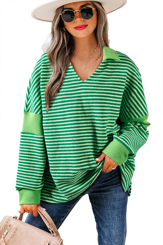 Green Stripe Turn-Down V Neck Patchwork Loose Top