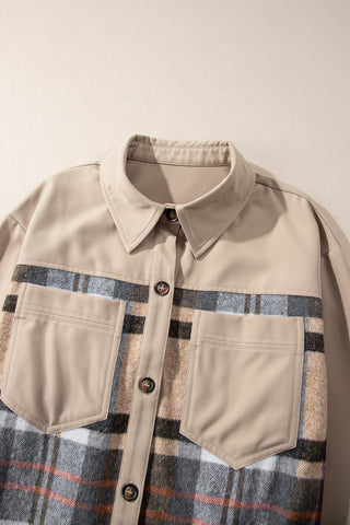 Khaki Plaid Patchwork Long Sleeve Shirt Mini Dress