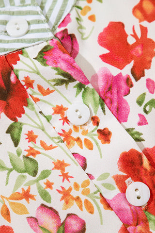 Red Floral Print Striped Patchwork Collared Short Sleeve Blouse
