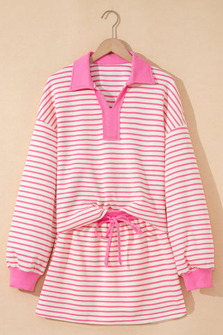 Pink Stripe Collared V Neck Drop Shoulder Pullover and Skort 2pcs Outfit