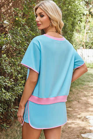 Turquoise Colorblock Edge Drop Shoulder T Shirt and Skort 2Pcs Set