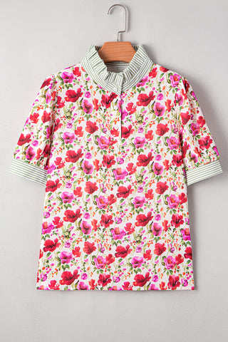 Red Floral Print Striped Patchwork Collared Short Sleeve Blouse