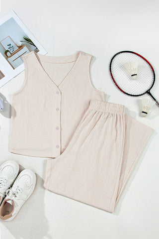 Apricot Buttoned V Neck Tank Top and Wide Leg Pants Casual Outfit