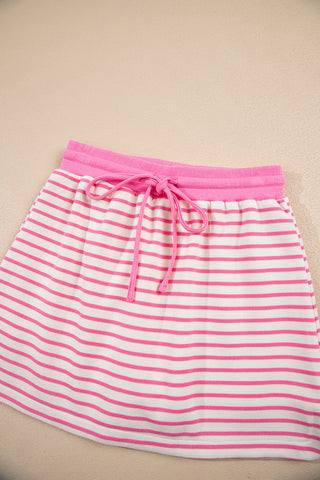 Pink Stripe Collared V Neck Drop Shoulder Pullover and Skort 2pcs Outfit