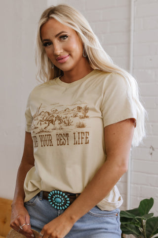Beige LIVE YOUR BEST LIFE Crew Neck Western Graphic Tee