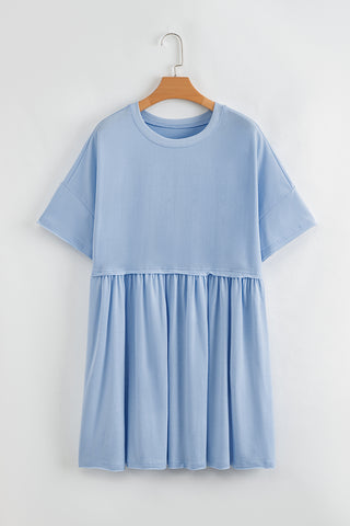 Sky Blue Solid Color Pocketed Raw Edge Babydoll Dress