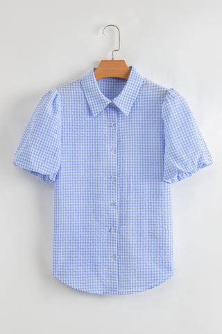 Light Blue Gingham Short Puff Sleeve Button Up Shirt