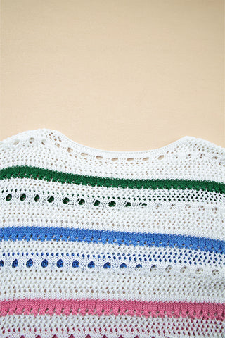 White Color Block Striped Pointelle Knit Sweater