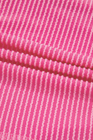 Bright Pink Spiral Ribbed Short Sleeve V Neck Buttoned Romper with Pocket