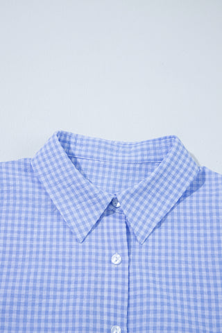 Light Blue Gingham Short Puff Sleeve Button Up Shirt