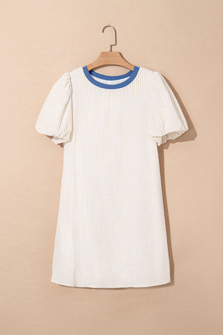 Beige Stripe Seersucker Contrast Round Neck Puff Sleeve T Shirt Dress
