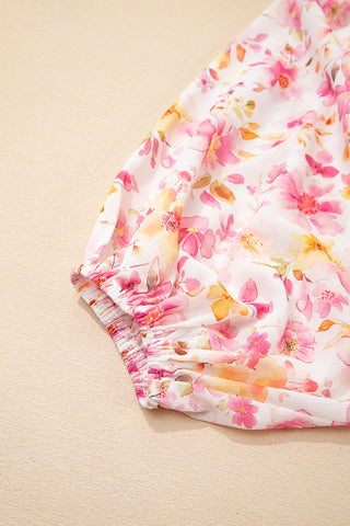 Pink Floral Print Tassel Tie Smocked V Neck Puff Sleeve Tunic Blouse