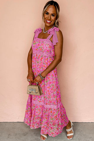 Rose Floral Lace Tied Strap Empire Waist Maxi Dress