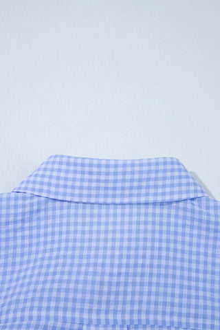 Light Blue Gingham Short Puff Sleeve Button Up Shirt