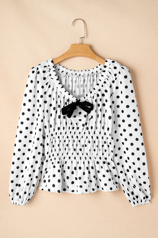 Black Polka Dot Puff Sleeve Bow Square Neck Peplum Top