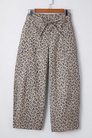 Khaki Leopard Printed Drawstring Waist Pocketed Wide Leg Jeans
