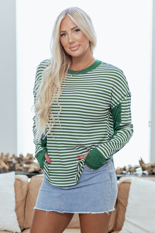 Green Stripe Thermal Knit Drop Shoulder Casual Top
