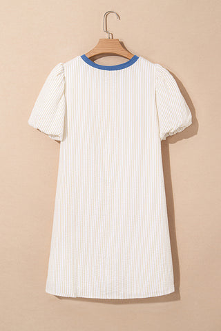 Beige Stripe Seersucker Contrast Round Neck Puff Sleeve T Shirt Dress