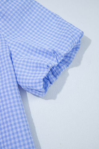 Light Blue Gingham Short Puff Sleeve Button Up Shirt