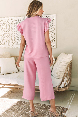 Pink Textured Pearled Ruffled Sleeve Wide Leg Pants Set