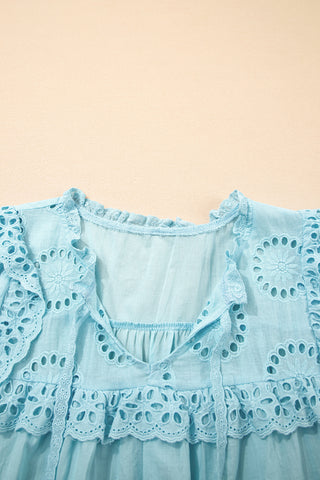 Mist Blue Embroidered Lace Patchwork Tie Neck Puff Short Sleeve Blouse
