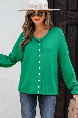 Bright Green Solid Color Knit Button Drop Shoulder Sweater Cardigan