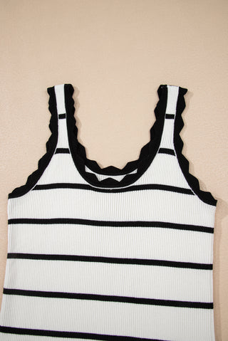 Black Striped Scalloped Edge U Neck Sleeveless Sweater Vest