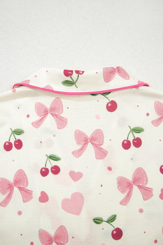 Beige Bow Fruit Print Contrast Pipping Short Pajamas Set