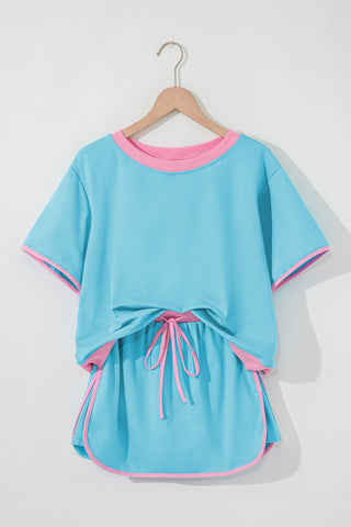 Turquoise Colorblock Edge Drop Shoulder T Shirt and Skort 2Pcs Set