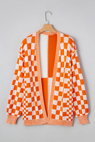 Orange Checkered Open Front Drop Shoulder Cardigan