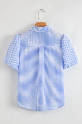Light Blue Gingham Short Puff Sleeve Button Up Shirt