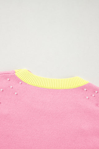 Rose Red Pearled Colorblock Crew Neck Half Sleeve Sweater